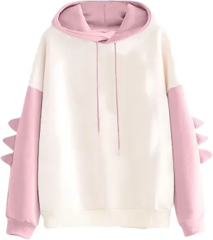 ZWRXW Womens Dinosaur Hooded Sweatshirt Color Block Long Sleeve Oversized Pullover Tops Cute Drawstring Hoodies Sweatshirts