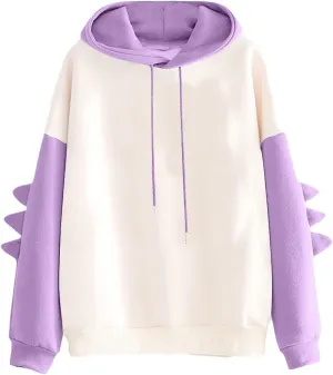 ZWRXW Womens Dinosaur Hooded Sweatshirt Color Block Long Sleeve Oversized Pullover Tops Cute Drawstring Hoodies Sweatshirts