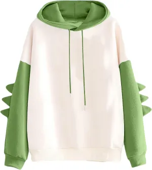 ZWRXW Womens Dinosaur Hooded Sweatshirt Color Block Long Sleeve Oversized Pullover Tops Cute Drawstring Hoodies Sweatshirts