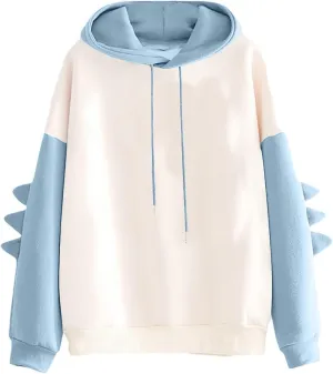 ZWRXW Womens Dinosaur Hooded Sweatshirt Color Block Long Sleeve Oversized Pullover Tops Cute Drawstring Hoodies Sweatshirts