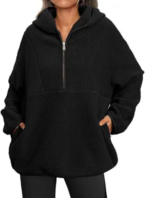 ZWRXW Women's Oversized Sherpa Hoodies Half Zip Fuzzy Fleece Sweatshirts Casual Solid Pullover Tops Fall Outfits with Pocket