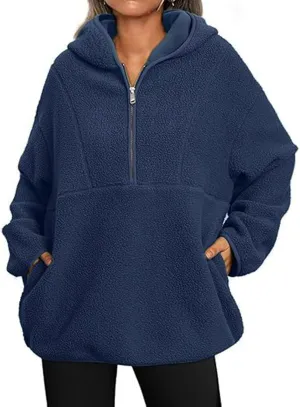 ZWRXW Women's Oversized Sherpa Hoodies Half Zip Fuzzy Fleece Sweatshirts Casual Solid Pullover Tops Fall Outfits with Pocket