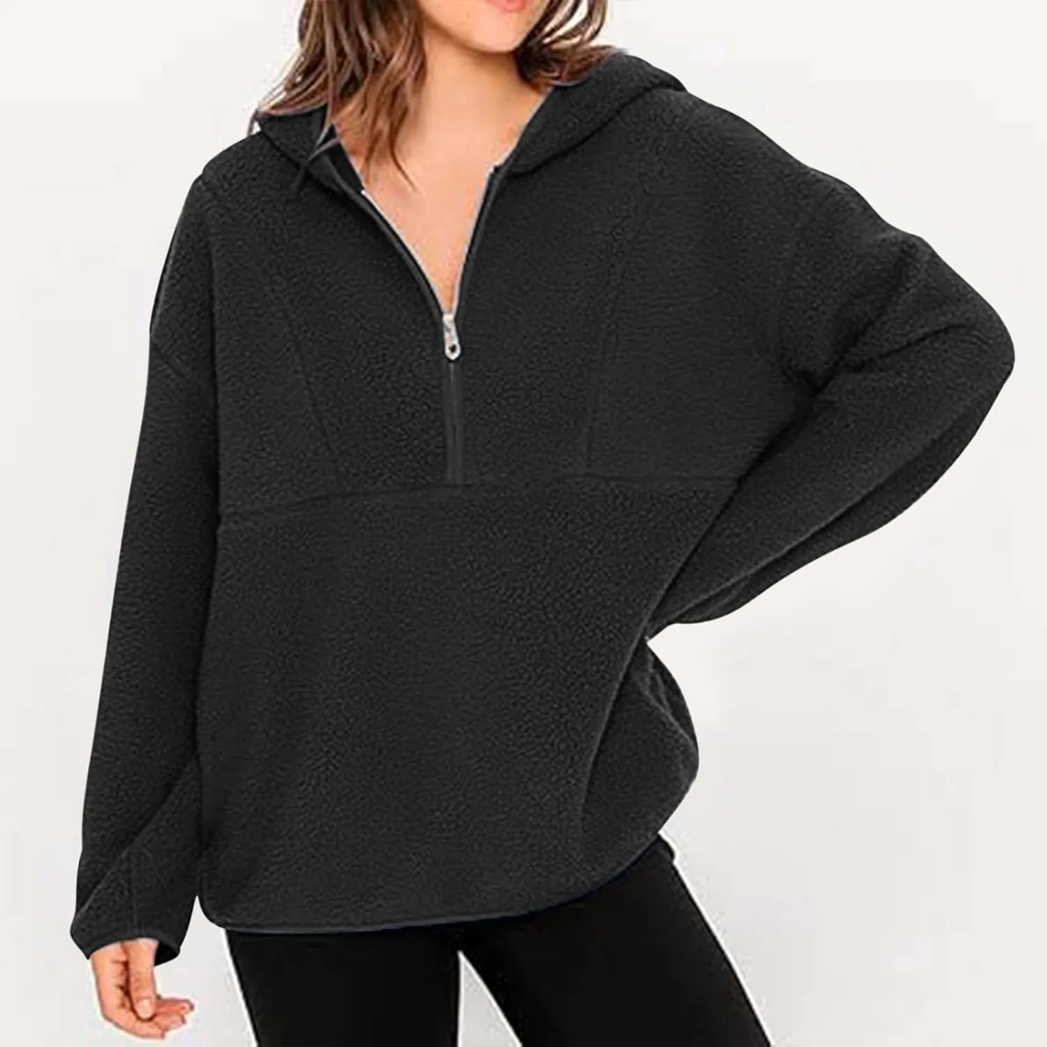 ZWRXW Women's Oversized Sherpa Hoodies Half Zip Fuzzy Fleece Sweatshirts Casual Solid Pullover Tops Fall Outfits with Pocket